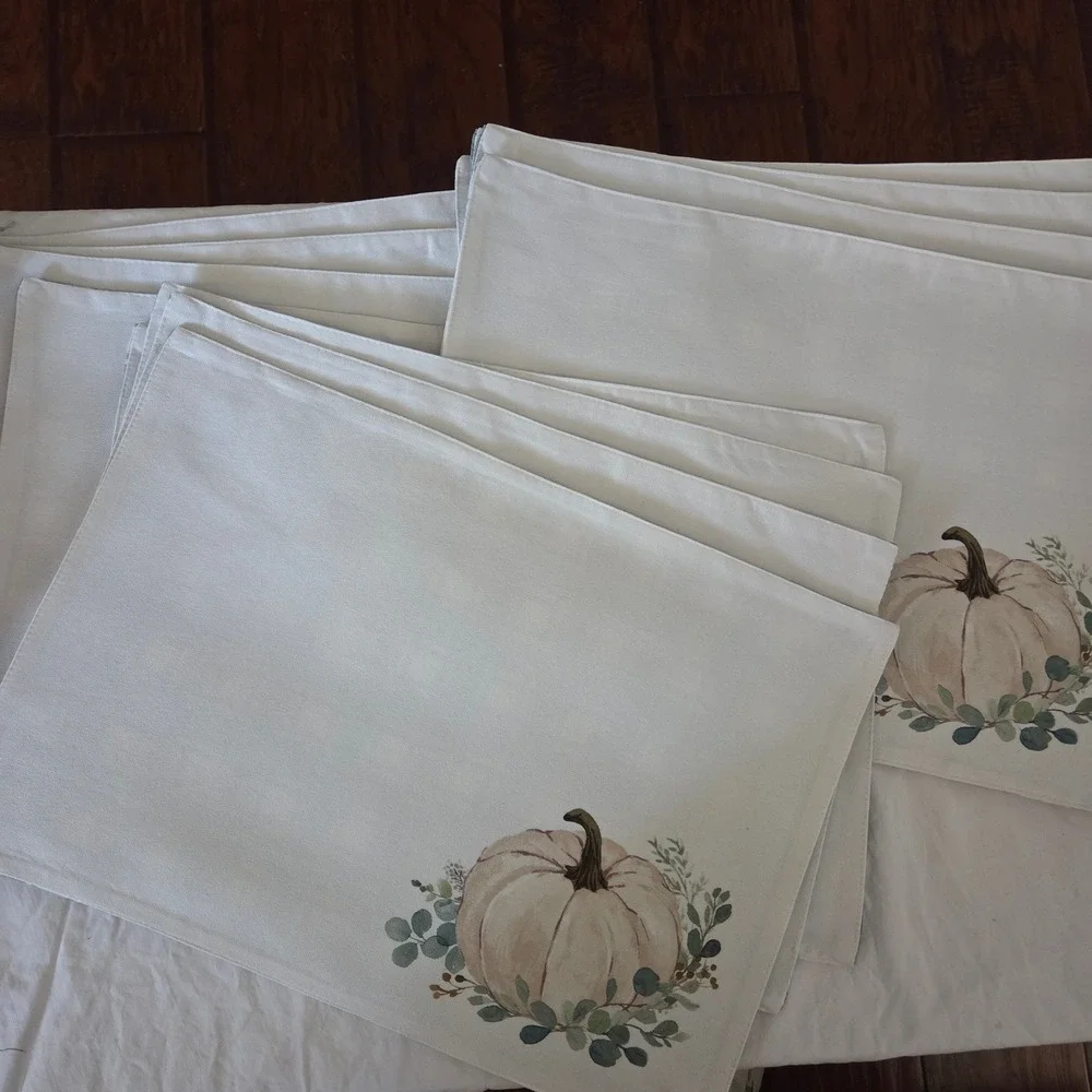 Pumpkin Placemats Set of 12  & Table‎ Runner Reversible Fall Autumn Plaid Back